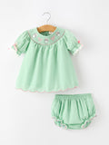 Christmas Mint Green Smocked Santa Baby Girl Bloomer Set - 1