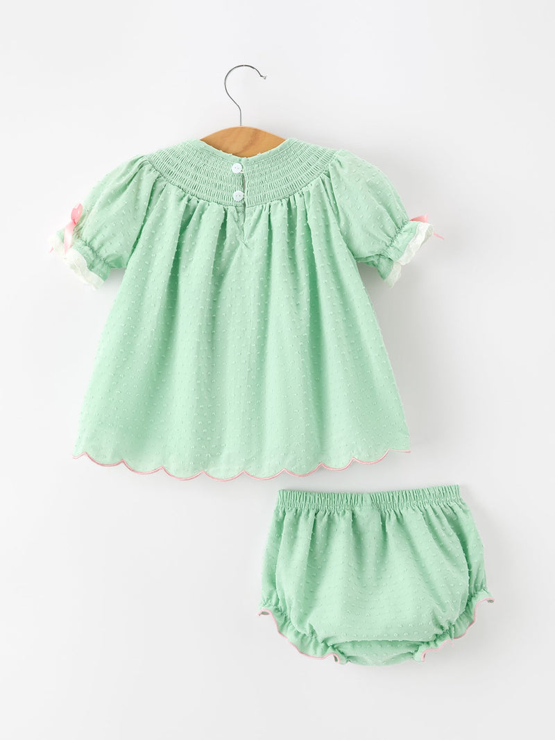 Christmas Mint Green Smocked Santa Baby Girl Bloomer Set - 2