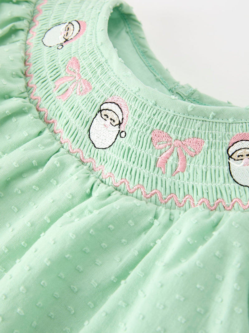 Christmas Mint Green Smocked Santa Baby Girl Bloomer Set - 3