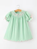 Christmas Mint Green Smocked Santa Girls Puff Sleeve Dress - 1