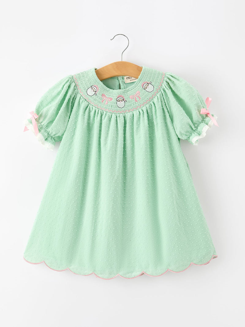 Christmas Mint Green Smocked Santa Girls Puff Sleeve Dress - 1