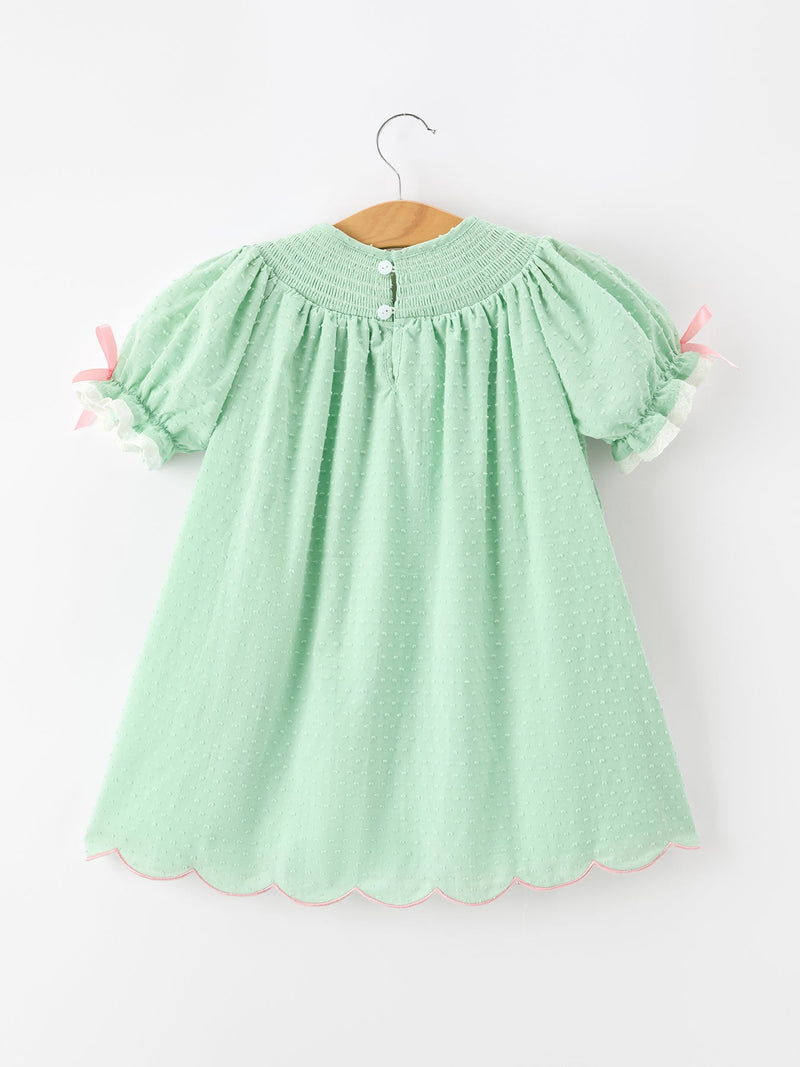Christmas Mint Green Smocked Santa Girls Puff Sleeve Dress - 2