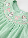 Christmas Mint Green Smocked Santa Girls Puff Sleeve Dress - 3