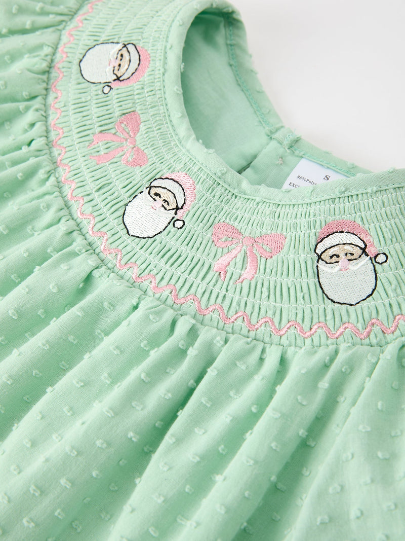 Christmas Mint Green Smocked Santa Girls Puff Sleeve Dress - 3