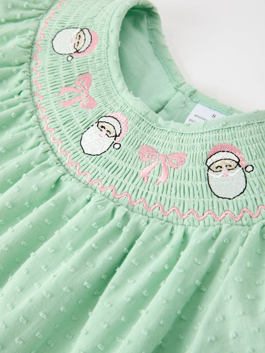 Christmas Mint Green Smocked Santa Girls Puff Sleeve Dress