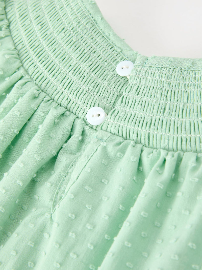 Christmas Mint Green Smocked Santa Girls Puff Sleeve Dress - 5