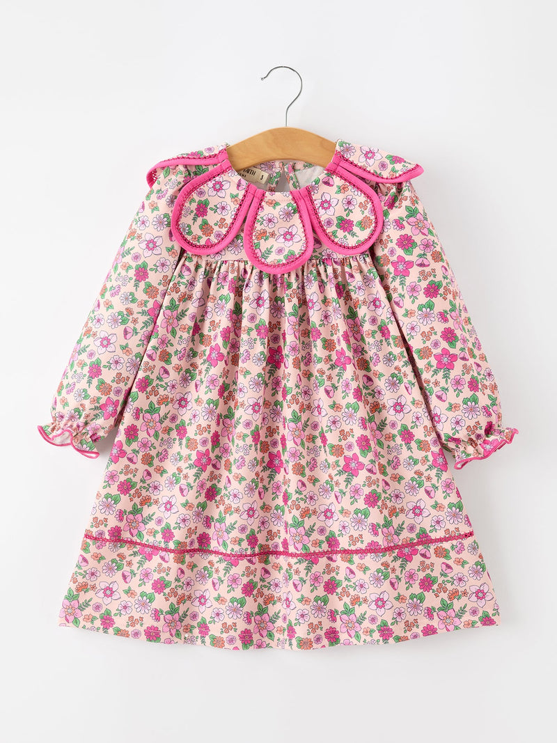 Hot Pink Floral Petals Collar Girl Dress - 1