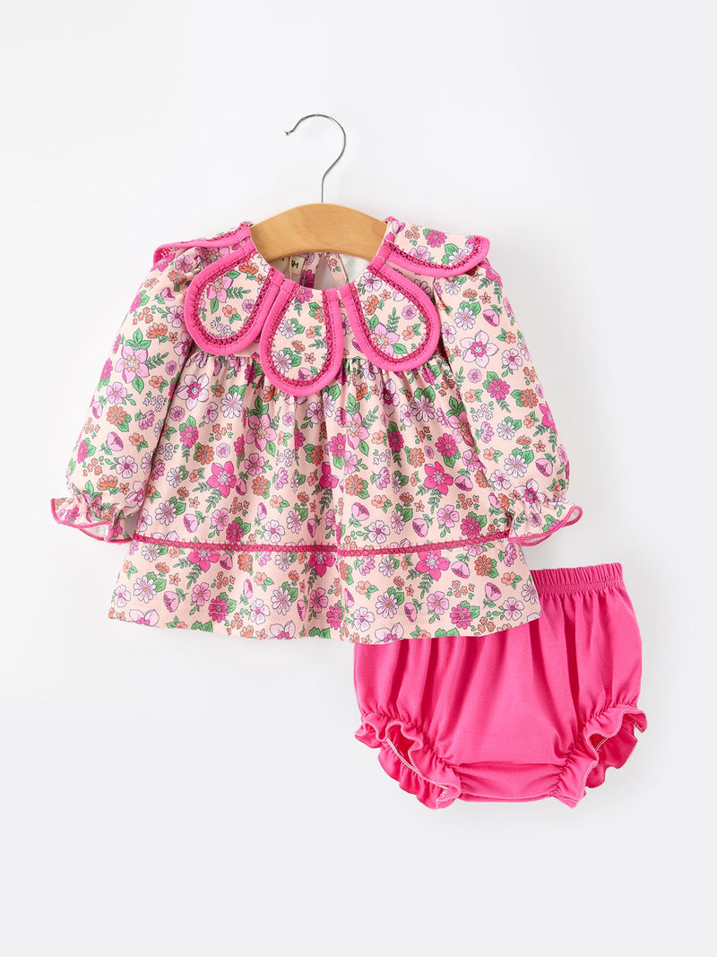 Hot Pink Floral Petals Collar Girl Bloomer Set - 1