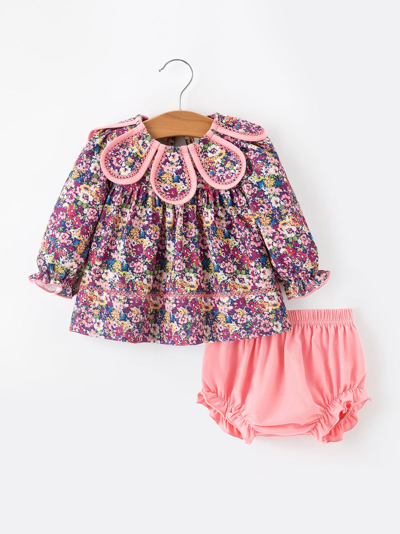 Pink Floral Petals Collar Girl Bloomer Set - 1