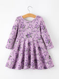 Fall Lavender Floral Print Girls Long Sleeve Twirl Dress - 9