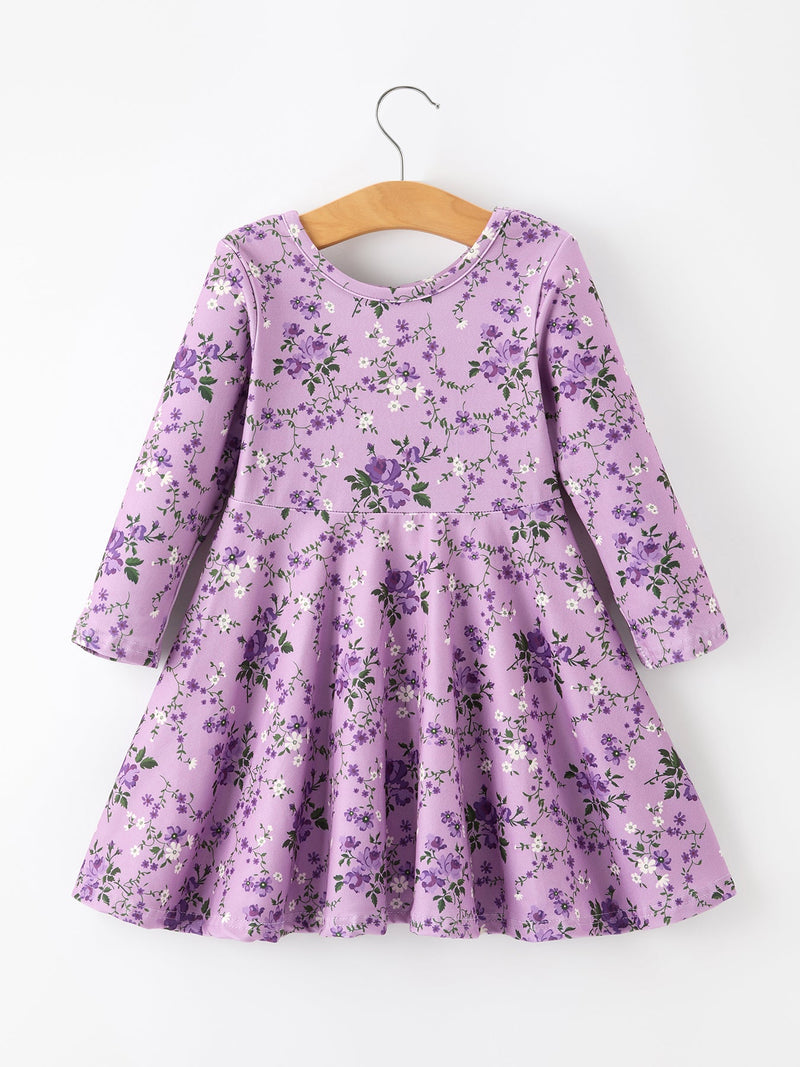 Fall Lavender Floral Print Girls Long Sleeve Twirl Dress - 9