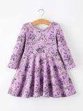 Fall Lavender Floral Print Girls Long Sleeve Twirl Dress - 8