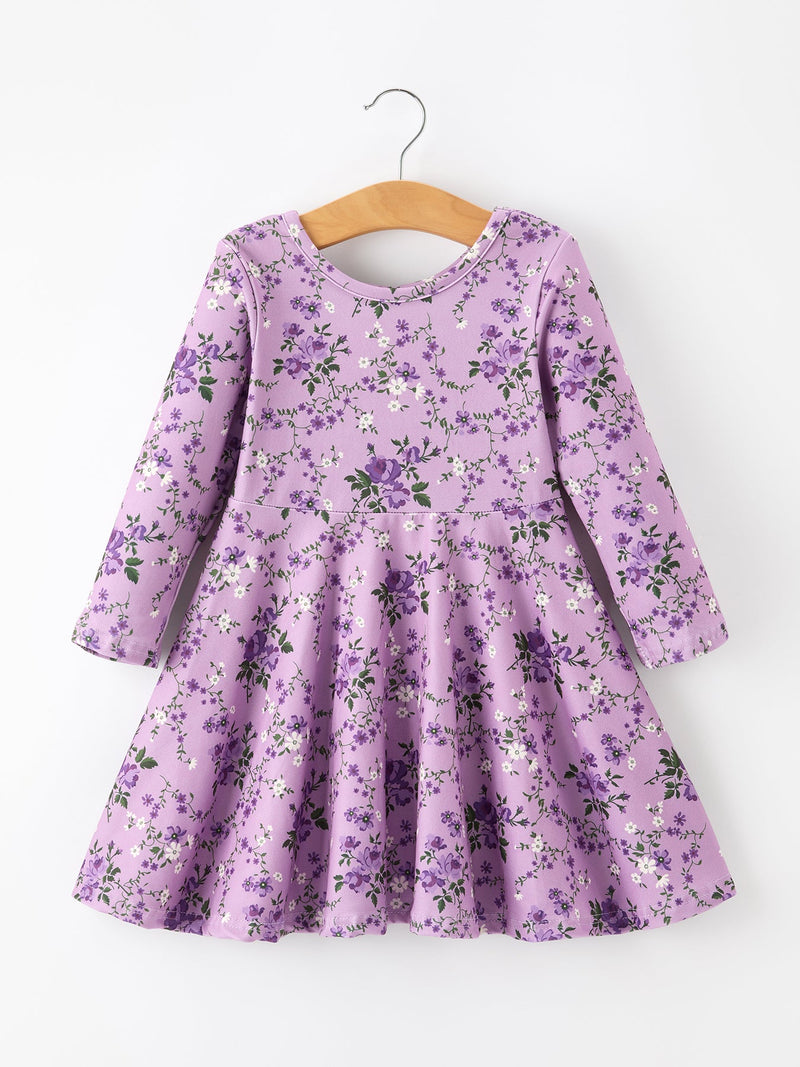 Fall Lavender Floral Print Girls Long Sleeve Twirl Dress - 8