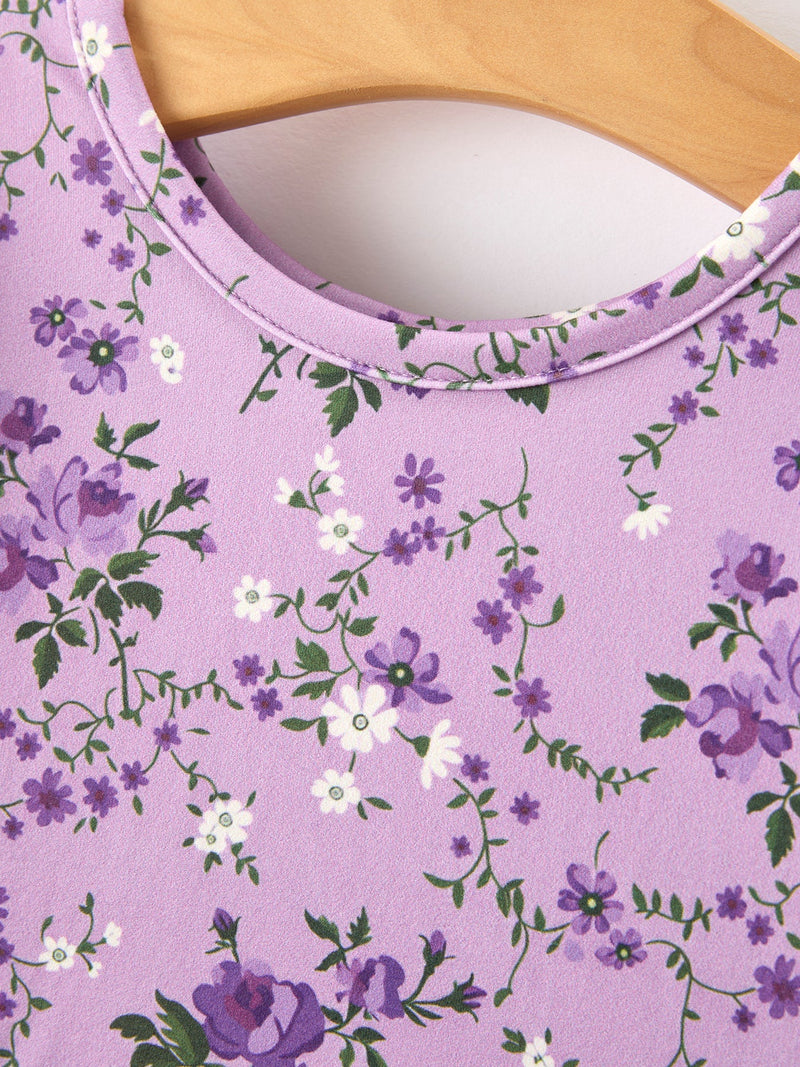 Fall Lavender Floral Print Girls Long Sleeve Twirl Dress - 10