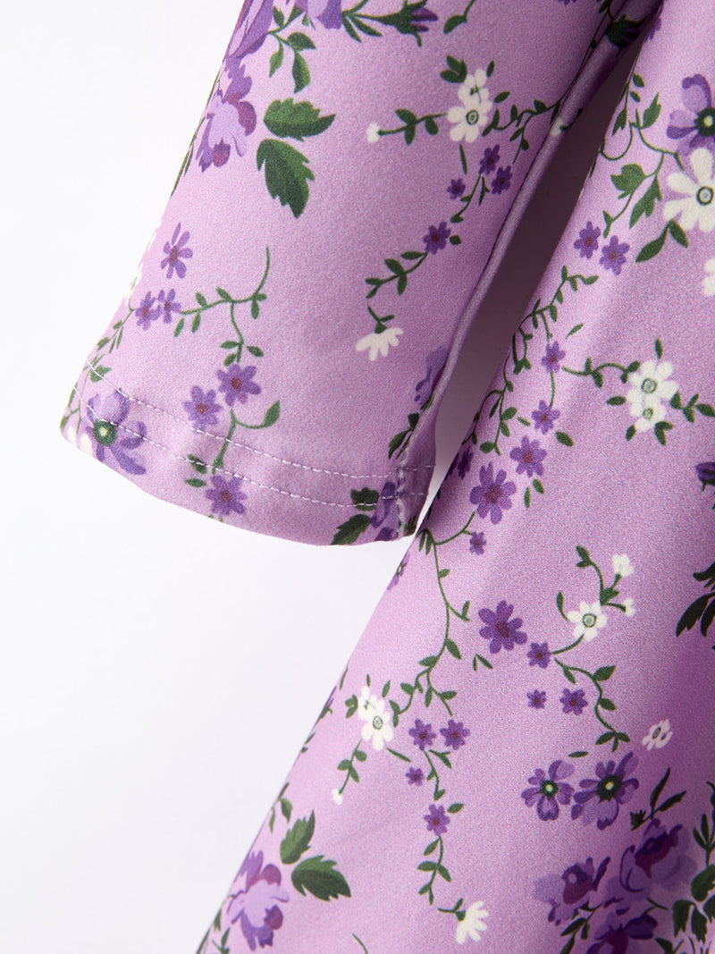Fall Lavender Floral Print Girls Long Sleeve Twirl Dress - 11