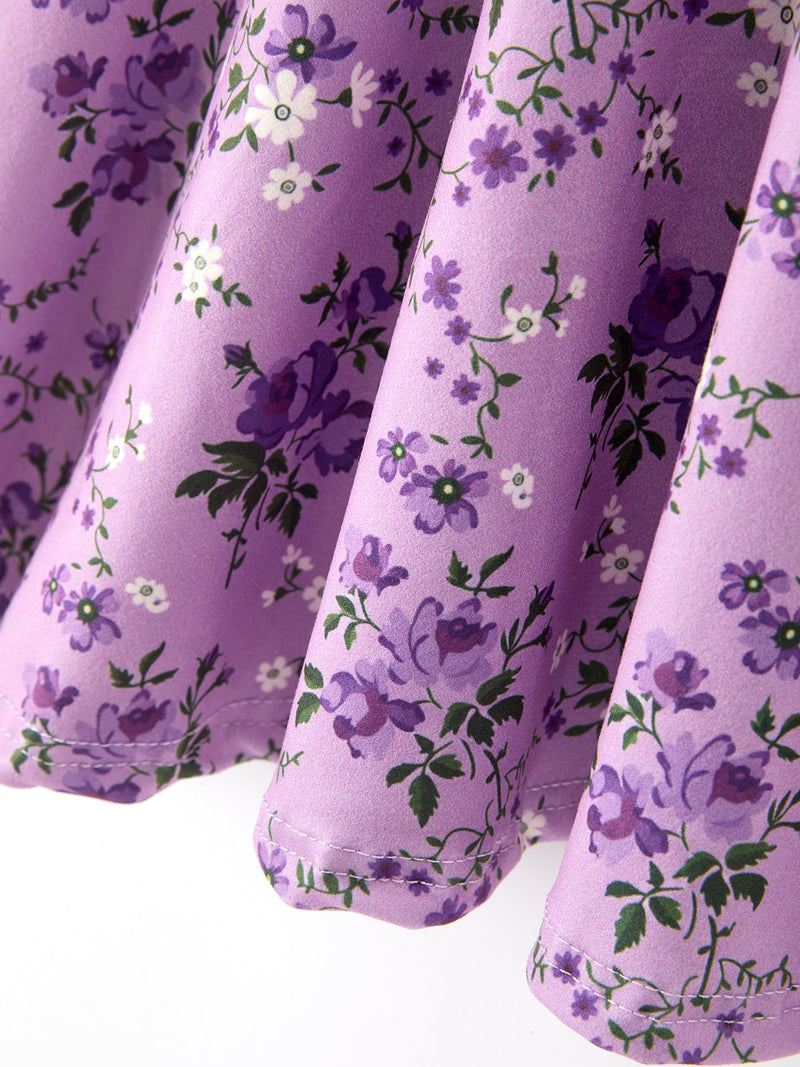 Fall Lavender Floral Print Girls Long Sleeve Twirl Dress - 12