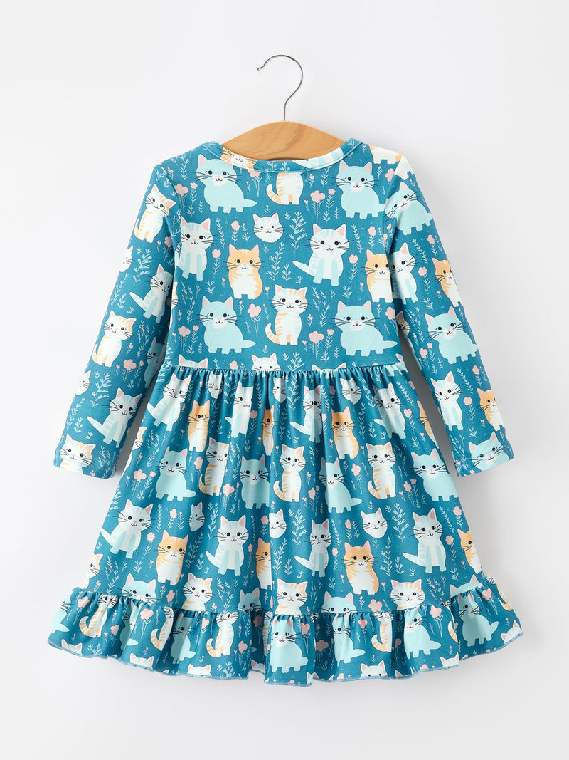 Fall Cat Print Girls Long Sleeve Ruffle Hem Dress - 7