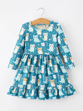 Fall Cat Print Girls Long Sleeve Ruffle Hem Dress - 6