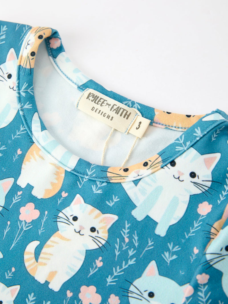 Fall Cat Print Girls Long Sleeve Ruffle Hem Dress - 8