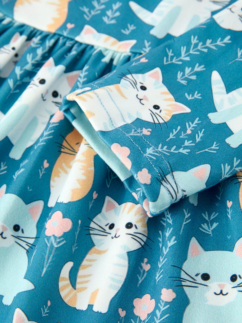 Fall Cat Print Girls Long Sleeve Ruffle Hem Dress - 9