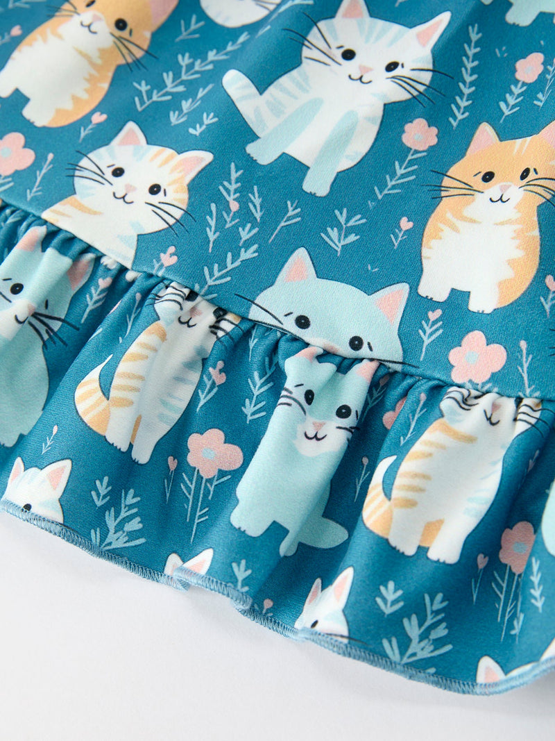 Fall Cat Print Girls Long Sleeve Ruffle Hem Dress - 10