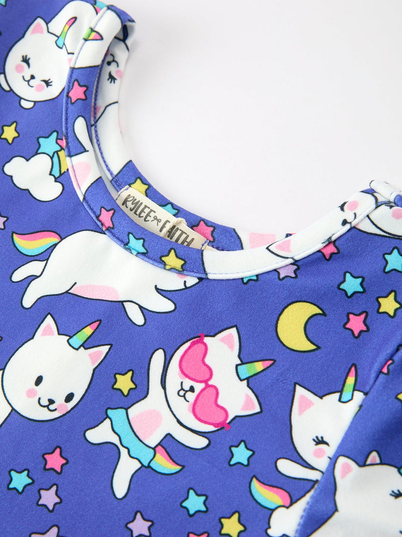Halloween Ghost Cat Print Girls Long Sleeve Twirl Dress - 3
