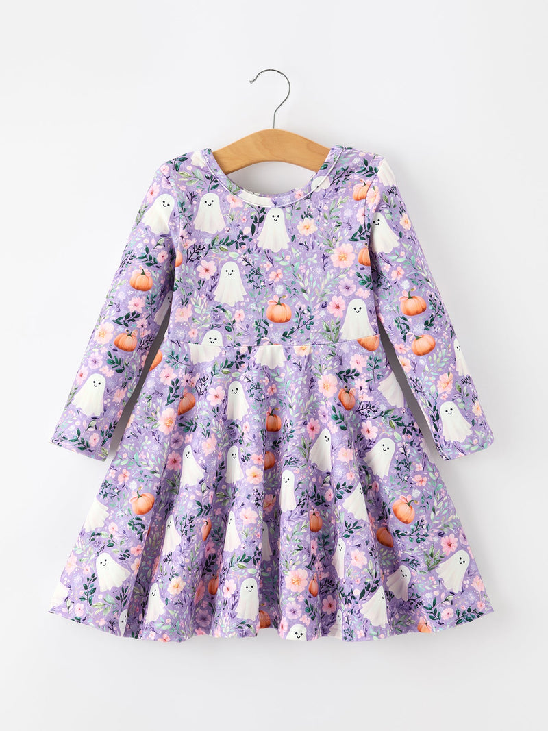 Halloween Ghost Pumpkin Girls Long Sleeve Twirl Dress - 7