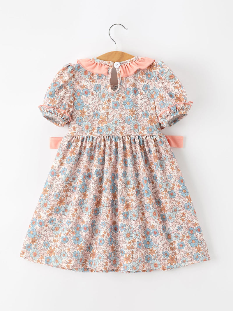 Fall Floral Girls Dress Smocked Ruffle Neck Bow - 2