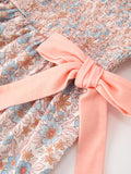 Fall Floral Girls Dress Smocked Ruffle Neck Bow - 4