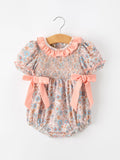 Fall Floral Baby Romper Smocked Ruffle Neck Bow - 1