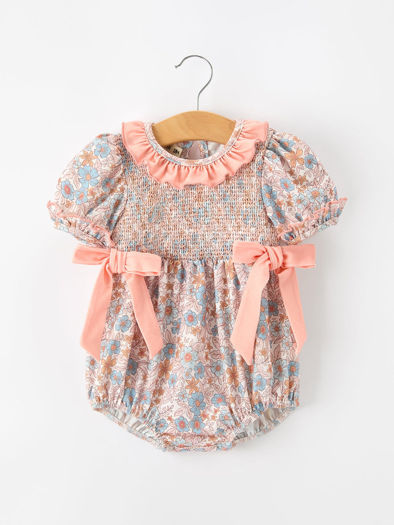Fall Floral Baby Romper Smocked Ruffle Neck Bow - 1