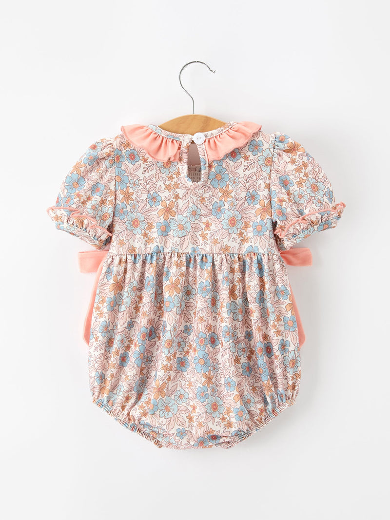 Fall Floral Baby Romper Smocked Ruffle Neck Bow - 2