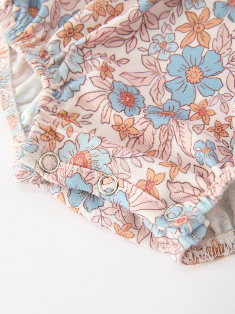 Fall Floral Baby Romper Smocked Ruffle Neck Bow - 4