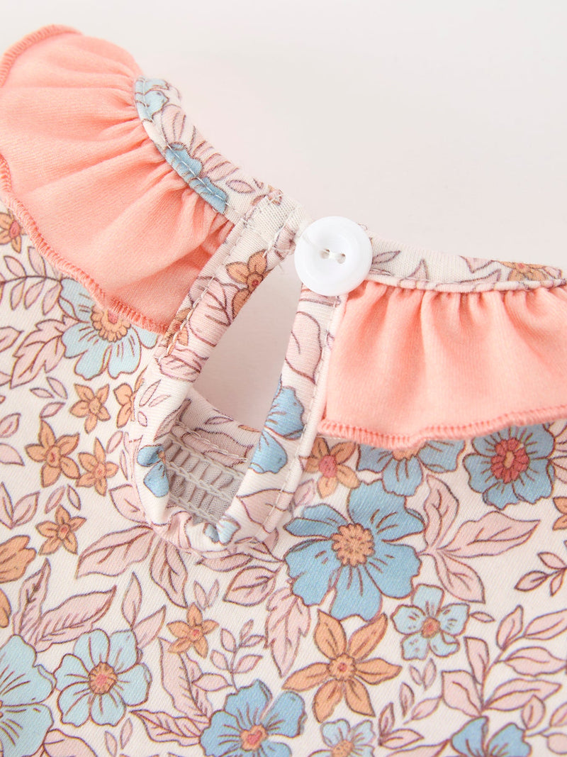 Fall Floral Baby Romper Smocked Ruffle Neck Bow - 5