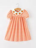 Fall Pumpkin Embroidered Puff Sleeve Girls Dress - 1