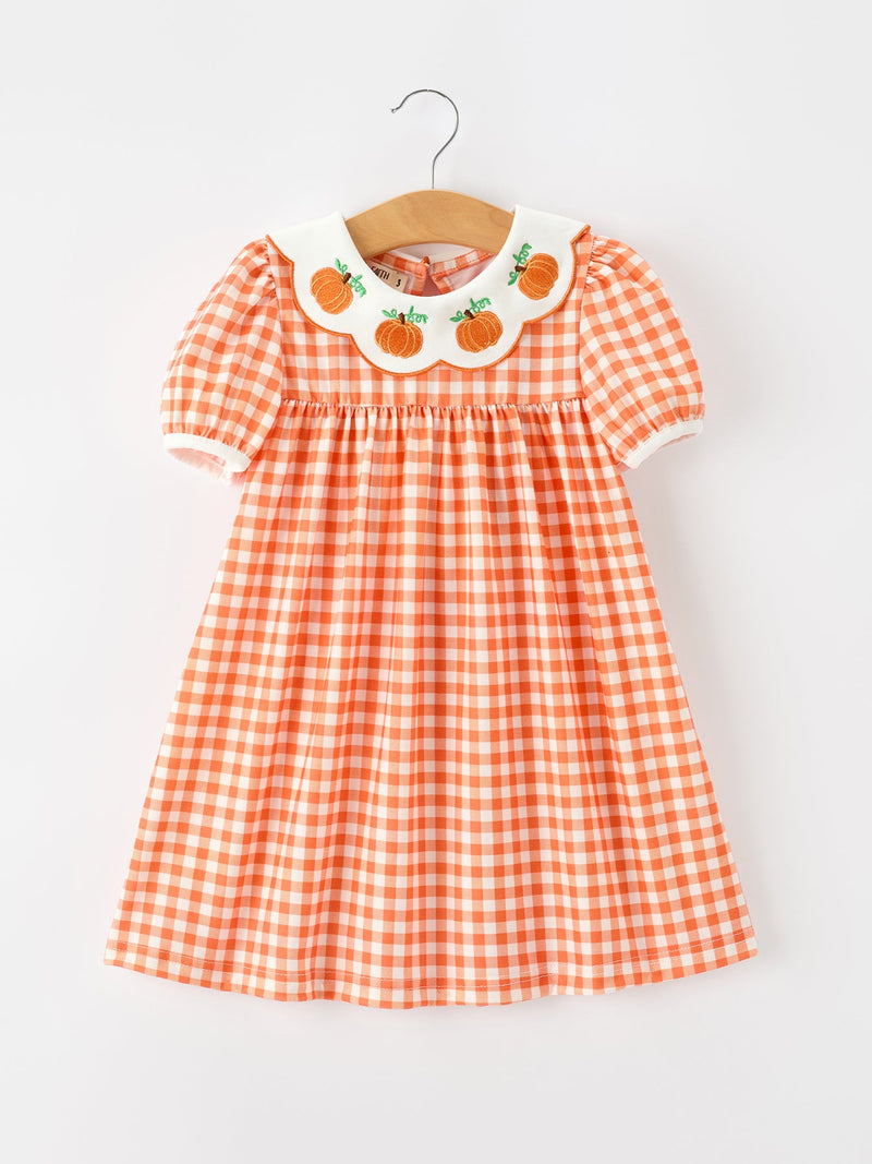 Fall Pumpkin Embroidered Puff Sleeve Girls Dress - 1