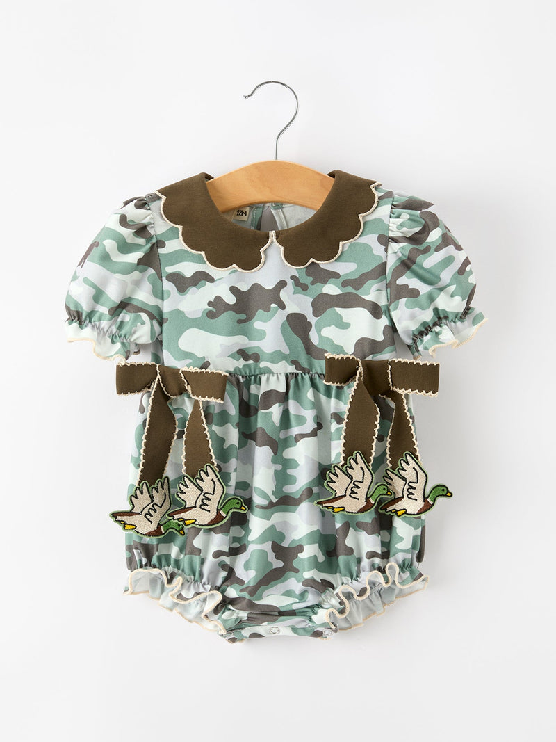 Fall Camo Bow Girls Ruffle Bubble Romper - 1