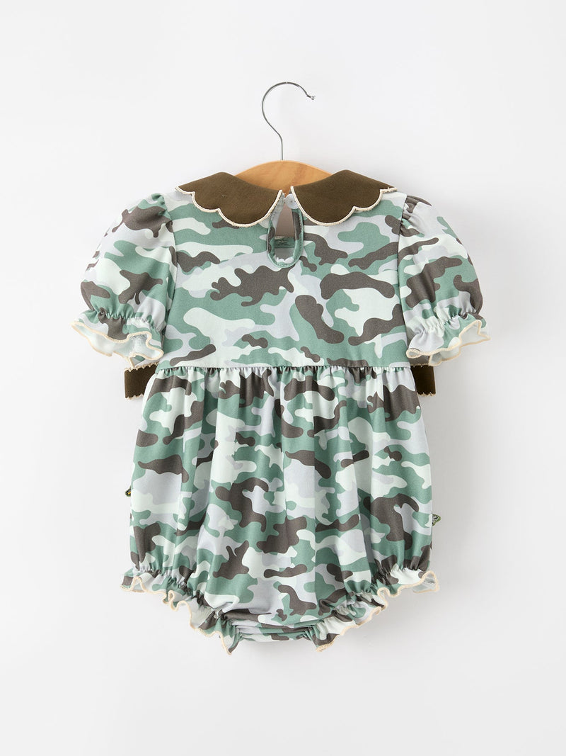 Fall Camo Bow Girls Ruffle Bubble Romper - 2