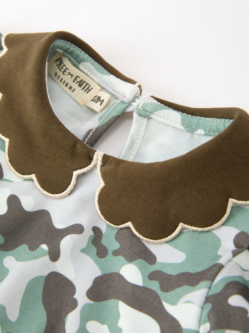 Fall Camo Bow Girls Ruffle Bubble Romper - 3
