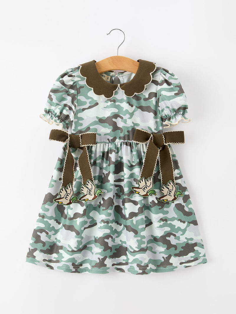 Fall Camo Bow Girls Puff Sleeve Twirl Dress - 1
