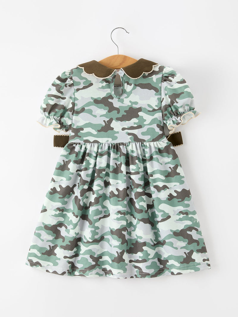 Fall Camo Bow Girls Puff Sleeve Twirl Dress - 2