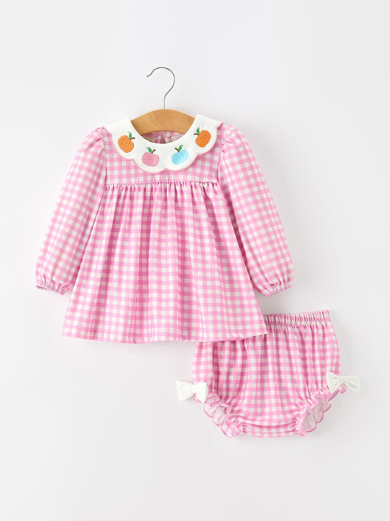 Thanksgiving Halloween Pumpkin Embroidery Pink Plaid Girls Bloomer Set - 1
