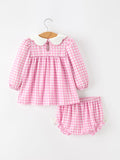 Thanksgiving Halloween Pumpkin Embroidery Pink Plaid Girls Bloomer Set - 2