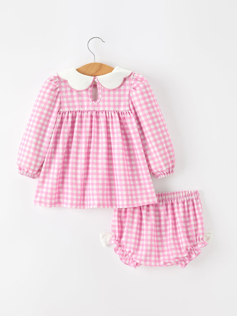 Thanksgiving Halloween Pumpkin Embroidery Pink Plaid Girls Bloomer Set - 2