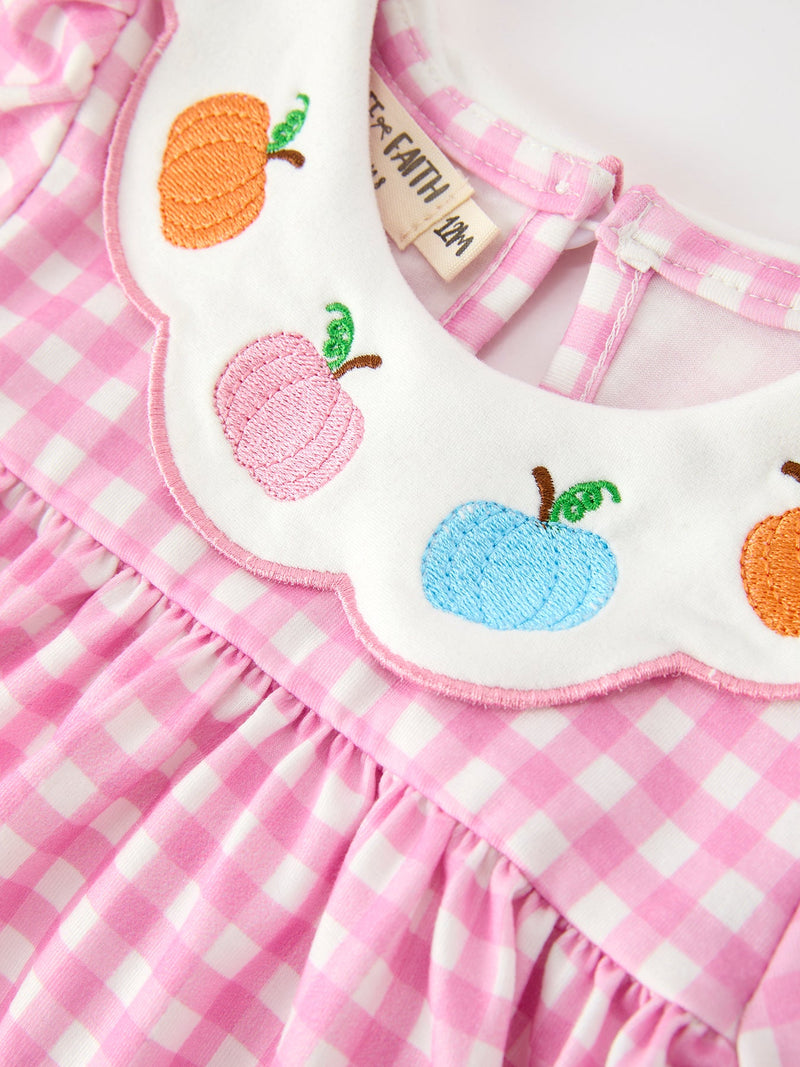 Thanksgiving Halloween Pumpkin Embroidery Pink Plaid Girls Bloomer Set - 3