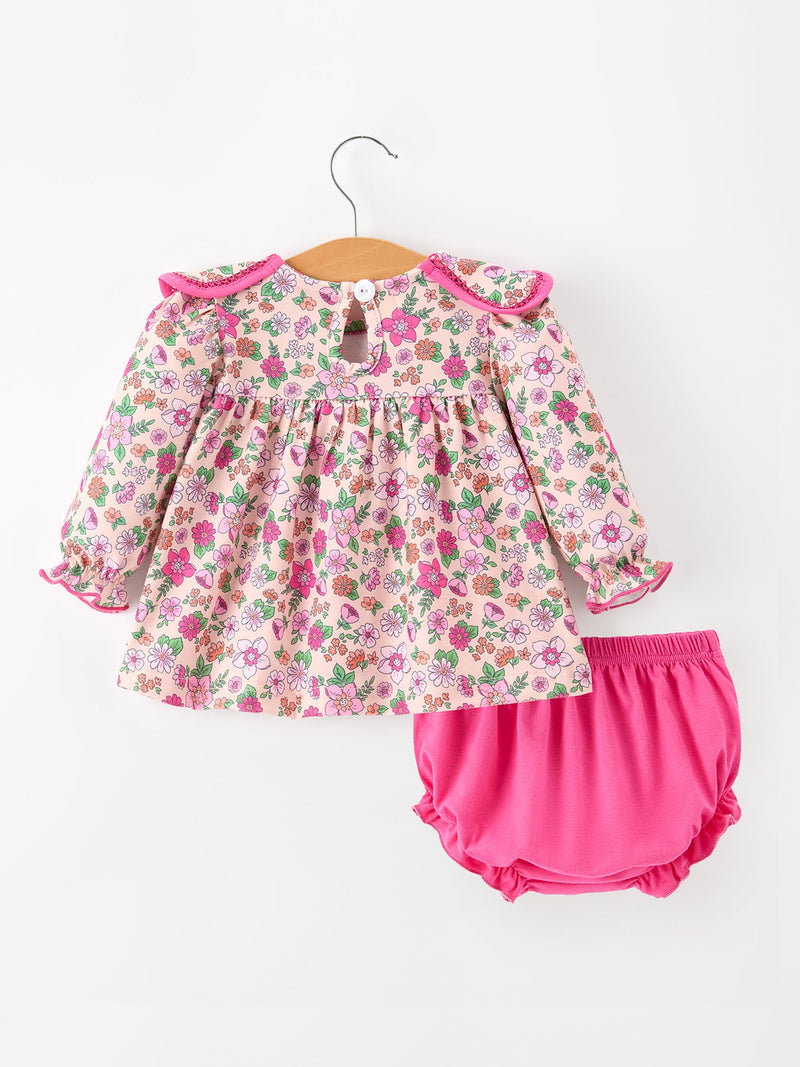 Hot Pink Floral Petals Collar Girl Bloomer Set - 2