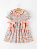 Fall Floral Girls Dress Smocked Ruffle Neck Bow - 1