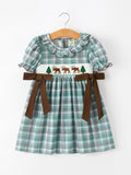 Plaid Moose Smocked Girls Puff Sleeve Dress - 1