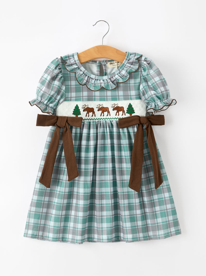 Plaid Moose Smocked Girls Puff Sleeve Dress - 1
