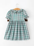 Plaid Moose Smocked Girls Puff Sleeve Dress - 2